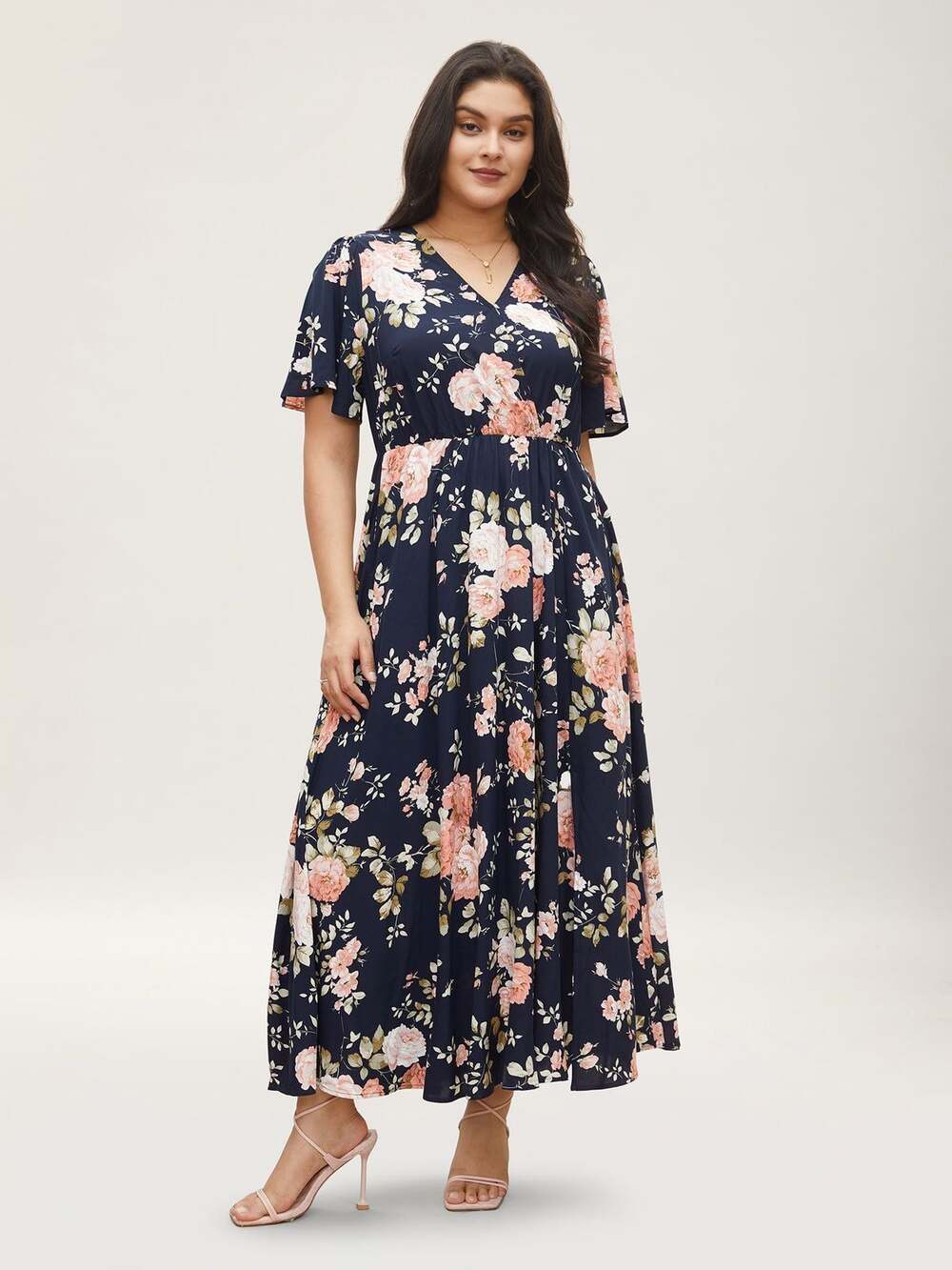 BloomChic Flutter Sleeve Ditsy Floral Pocket Split Maxi Dress